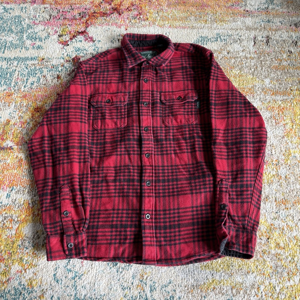 Woolrich Heavyweight Cotton Flannel Shirt Mens Large Red Black Plaid Long Sleeve